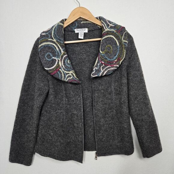 North Style 100% Wool Jacket Sz S Gray Embroidered Full Zip Front - Picture 6 of 14